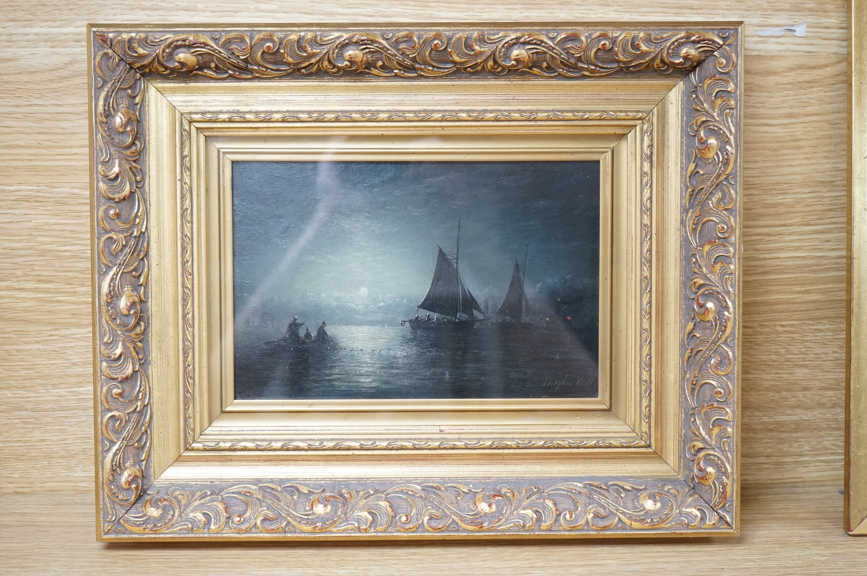 William Adolphus Knell (1801-1875), monochrome oil on board, moonlit shipping scene, signed, 14 x 21cm. Condition - good